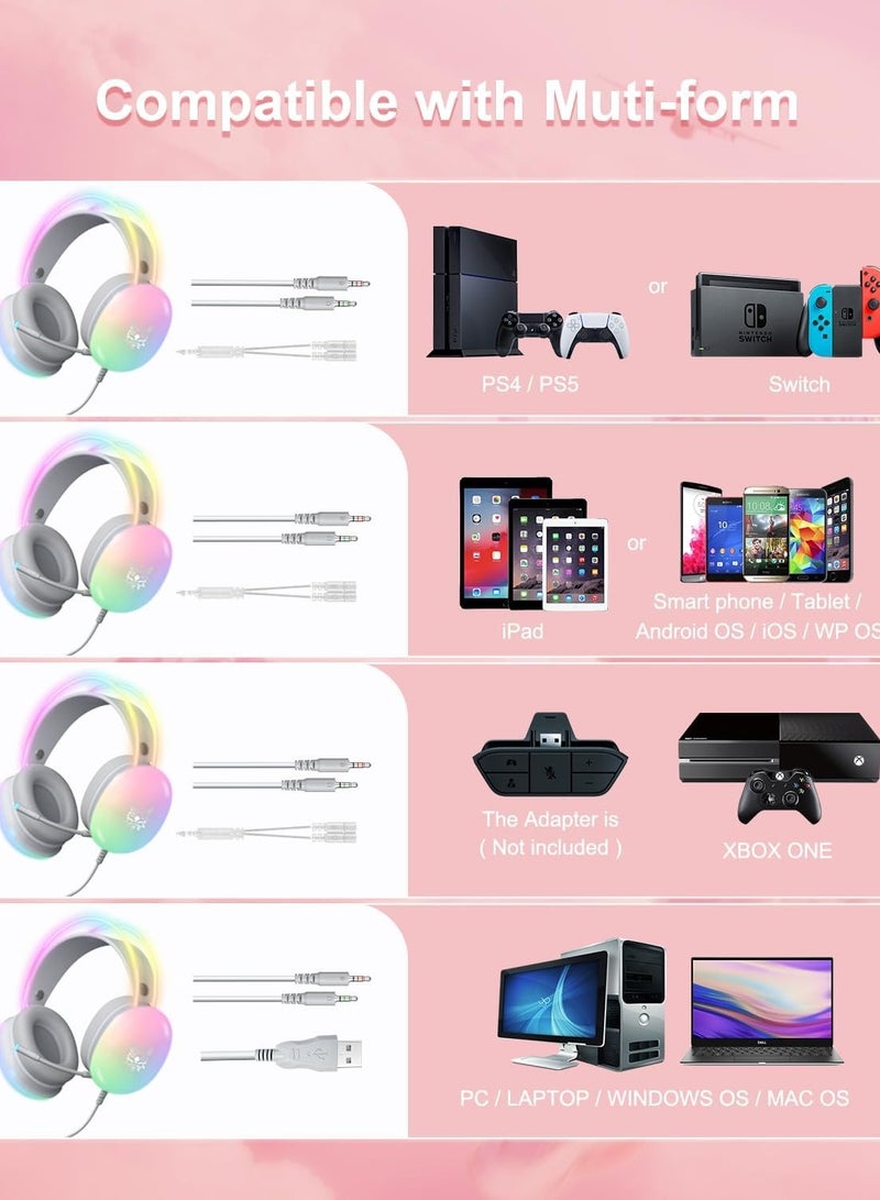 سماعة ألعاب سلكية بميكروفون قوس قزح RGB لأجهزة PS4/PS5/MAC/XBOX/الكمبيوتر المحمول، سماعات رأس صوت خفيفة الوزن 3.5 مم فوق الأذن، صوت محيطي ستيريو، عصابة رأس قابلة للتعديل تلقائيًا - Image 2